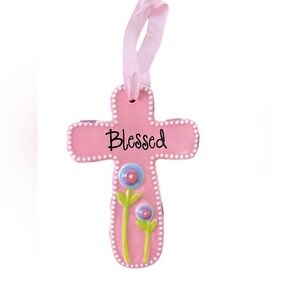 Mud Pie White and Pink Floral Blessed Cross Decor